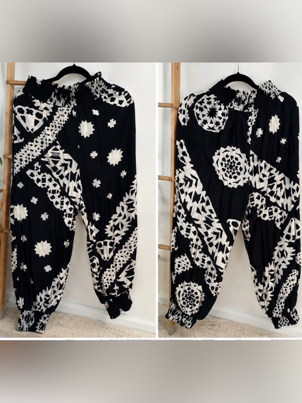 Anthropologie Black & Cream Printed Smocked Jogger Harem Pants Size Small